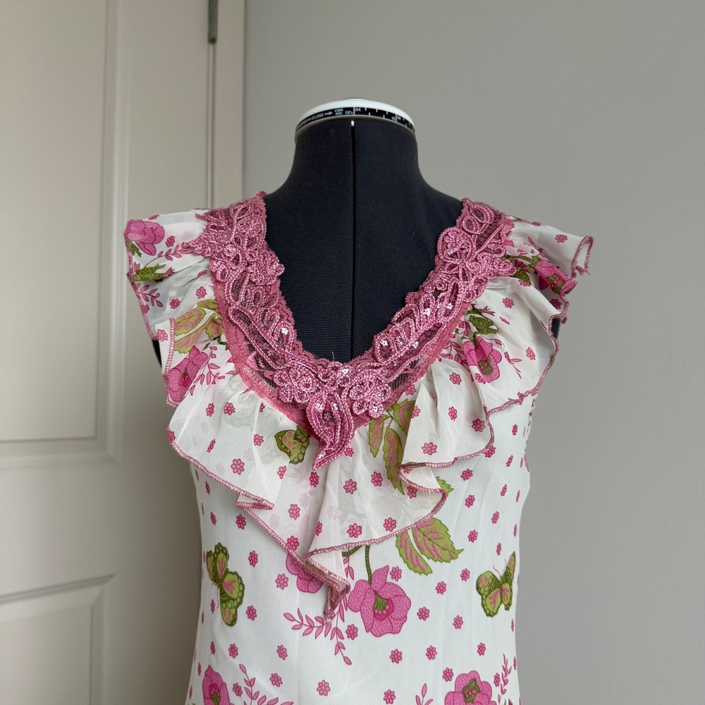 Vintage Y2K Floral Print Lace Detail Sequin Midi Dress - Picture 3 of 10